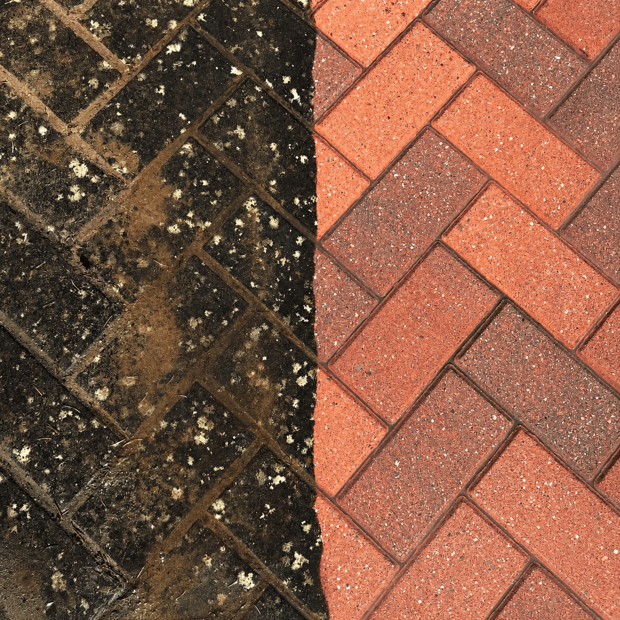 Block paving before and after pressure washing, side by side